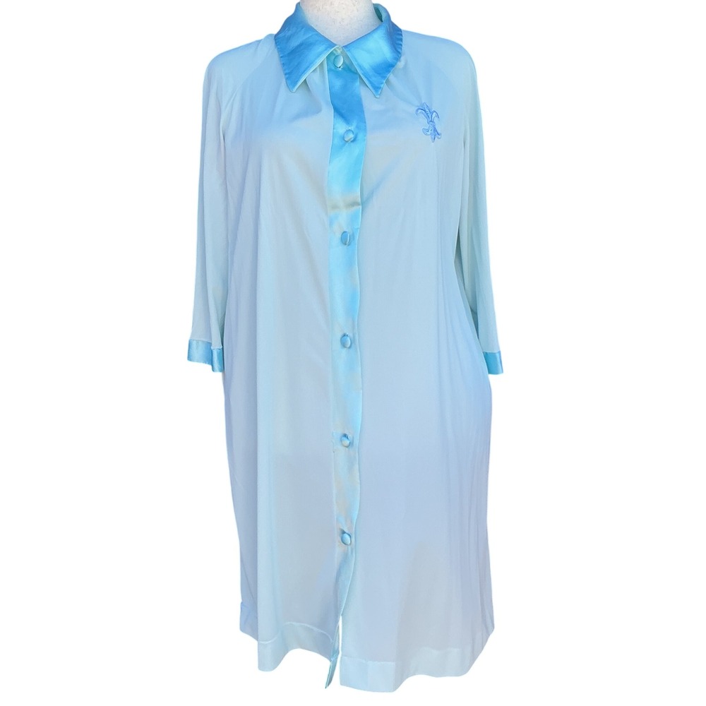 Vintage Nightgown Women XL Blue Satin Trim Fleur De Lis Button Front Sleepwear